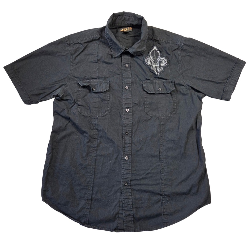 Helix Mens XL Black Short Sleeve Button Down Shirt Y2k Skater Punk Grunge 90s